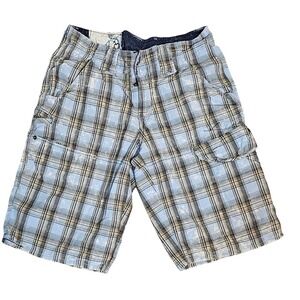 Boy's Plaid Cargo Shorts by Vurt  Size 29W  Blue, White, and Black
